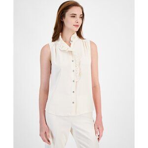 Anne Klein Women's Ruffle-Front Sleeveless Button-Front Top Ivory Size XL $89